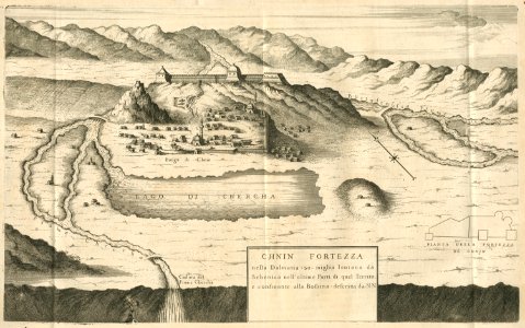 Chnin Fortezza nella Dalmatia 30 miglia lontana da Sebenico nell'ultime Parti di quel Territo E confinante alla Bossina - Coronelli Vincenzo - 1687