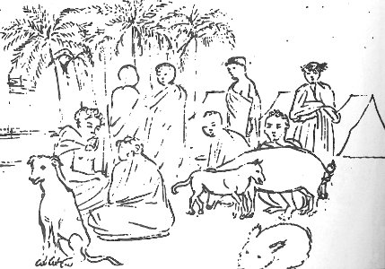 Hawaiian natives wearing kihei, with animals, sketch by Louis Choris