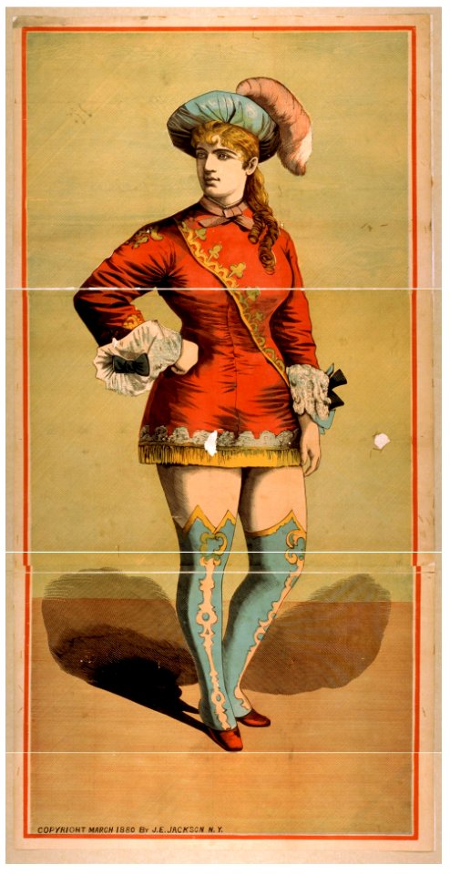 Chorus girl in short red costume and blue stockings LCCN2014637278