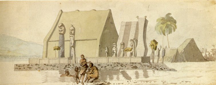 'Temple on the Island of Hawaii' by Louis Choris, ink, ink wash and watercolor over pencil, 1816, Honolulu Academy of Arts
