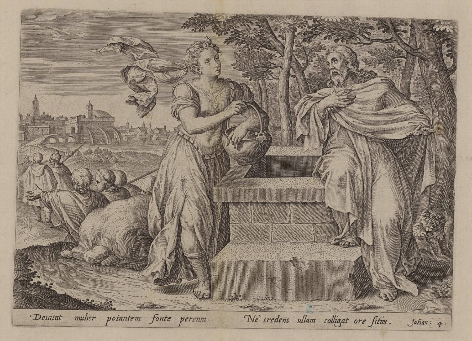 Christ and the woman of Samaria 1585 print by Ambrosius Francken I, S.I 1070, Prints Department, Royal Library of Belgium