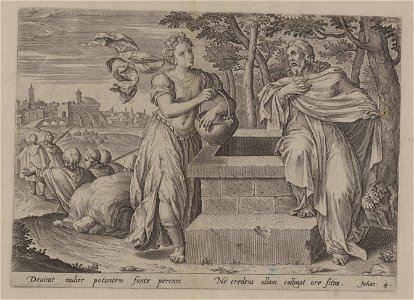 Christ and the woman of Samaria 1585 print by Ambrosius Francken I, S.I 1070, Prints Department, Royal Library of Belgium