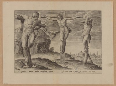Christ on the cross between the two sinners 1585 print by Ambrosius Francken I, S.I 1073, Prints Department, Royal Library of Belgium