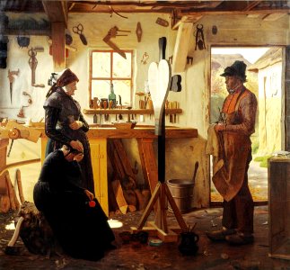 Christen Dalsgaard - To kvinder besøger landsbykunstneren for at se det bestilte gravkors - KMS1752 - Statens Museum for Kunst
