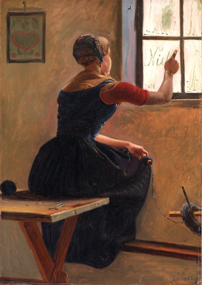 Christen Dalsgaard - A Young Girl in Jutland Writing her Beloved's Name on a Misty Window - KMS3684 - Statens Museum for Kunst