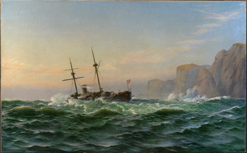 Christian Blache - Panserskibet Iver Hvitfeldt passerer Forbjerget Stat på vejen til Trondhjem i sommeren 1893 - KMS1503 - Statens Museum for Kunst