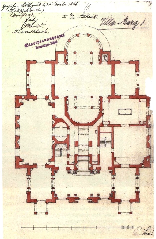 Christian Friedrich von Leins, Villa Berg, Grundriss des Erdgeschosses, 1845