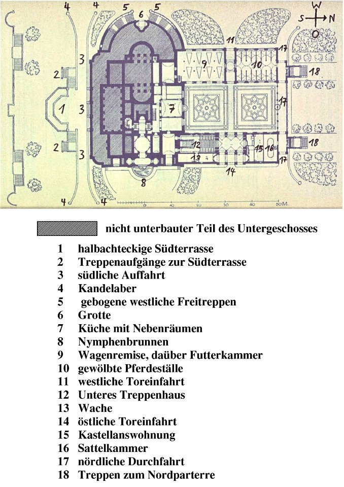 Christian Friedrich von Leins, Villa Berg, Lageplan des Souterrains, um 1845, mit Legende