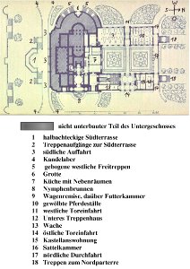 Christian Friedrich von Leins, Villa Berg, Lageplan des Souterrains, um 1845, mit Legende