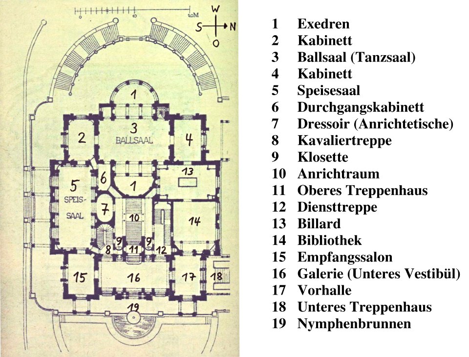 Christian Friedrich von Leins, Villa Berg, Grundriß des unteren Stocks, um 1845, mit Legende