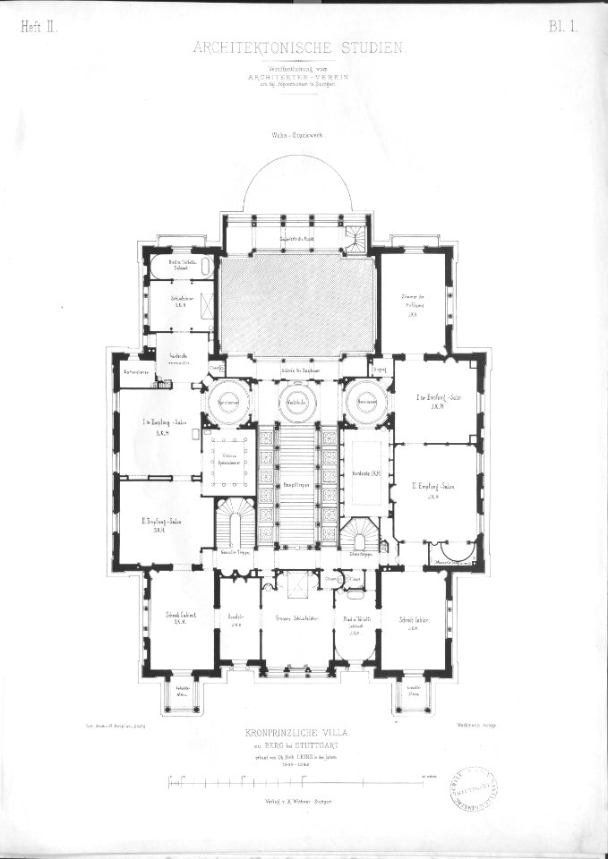 Christian Friedrich von Leins, Villa Berg, Grundriß des oberen Stocks, 1870