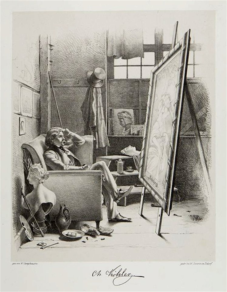 Christian Köhler in seinem Atelier vor seinem Bild Frühling, Wilhelm Camphausen in Schattenseiten der Düsseldorfer Maler, 1845