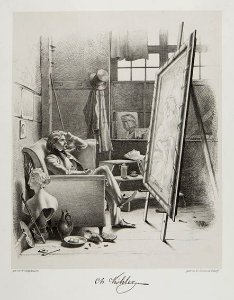 Christian Köhler in seinem Atelier vor seinem Bild Frühling, Wilhelm Camphausen in Schattenseiten der Düsseldorfer Maler, 1845