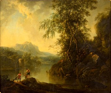 Christian Hilfgott Brand Flusslandschaft mit Zollturmruine und Anglern