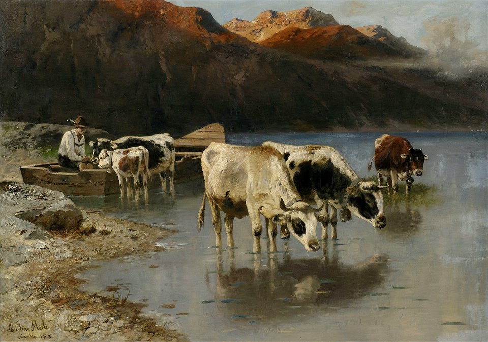 Christian Mali Hirte mit Kühen am Seeufer