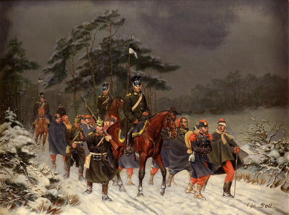 Christian Sell Preußische Ulanen und Infanterie mit Gefangenen