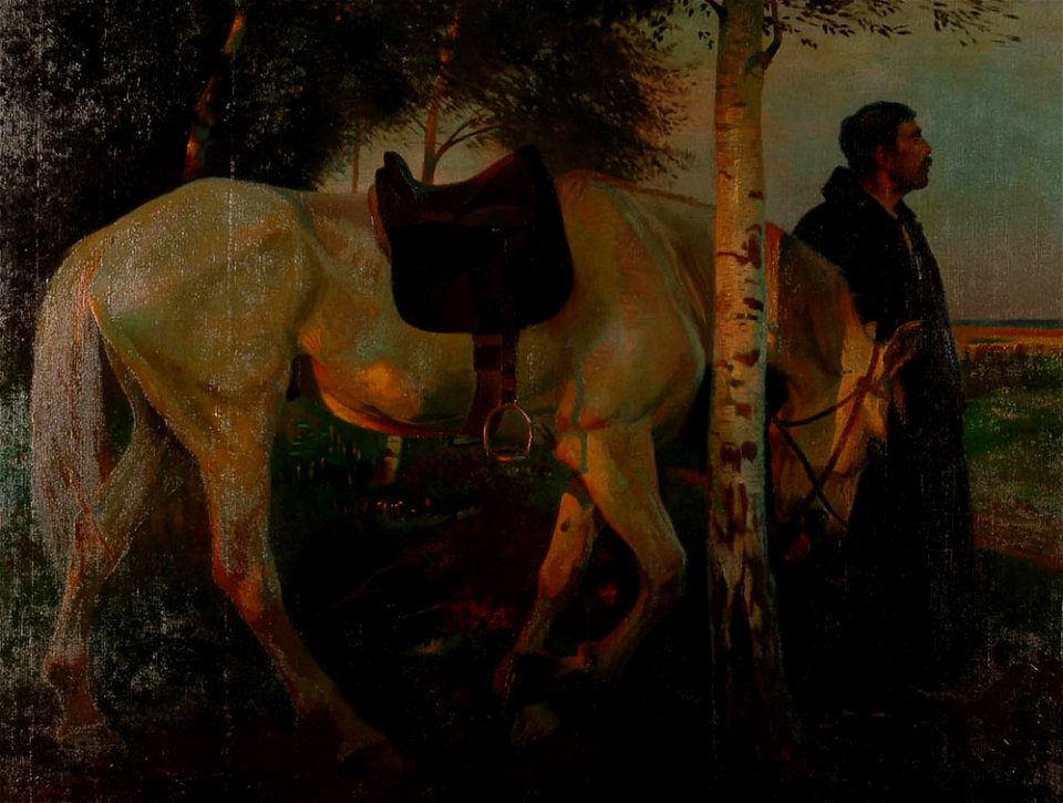 Christian Speyer, Gesatteltes Pferd von der Abendsonne beschienen, von einem Mann geführt