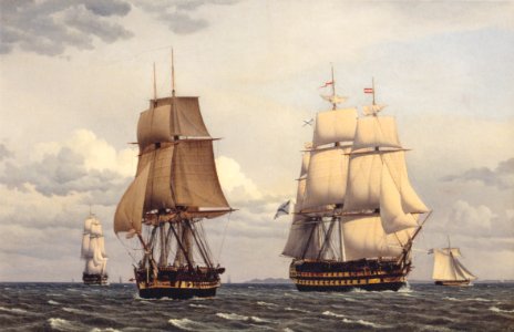 Christoffer Wilhelm Eckersberg - To russiske Linieskibe og en Fregat som løbe Sundet ind - 1829. Free illustration for personal and commercial use.
