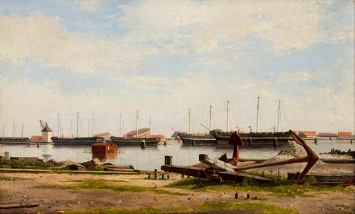 Christoffer Wilhelm Eckersberg - View of the wharf at Nyholm with the crane and some warships - Google Art Project. Free illustration for personal and commercial use.