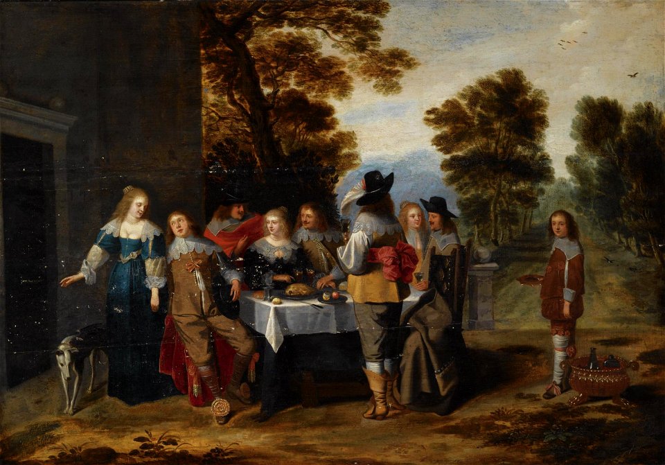 Christoffel Jacobsz. van der Laemen - An elegant company seated around a set table on a terrace, a formal garden beyond