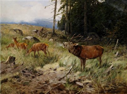 Christoffer Drathmann Röhrender Hirsch und Rehe am Waldrand