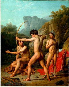 Christoffer Wilhelm Eckersberg - Three Spartan boys practising archery - Google Art Project. Free illustration for personal and commercial use.