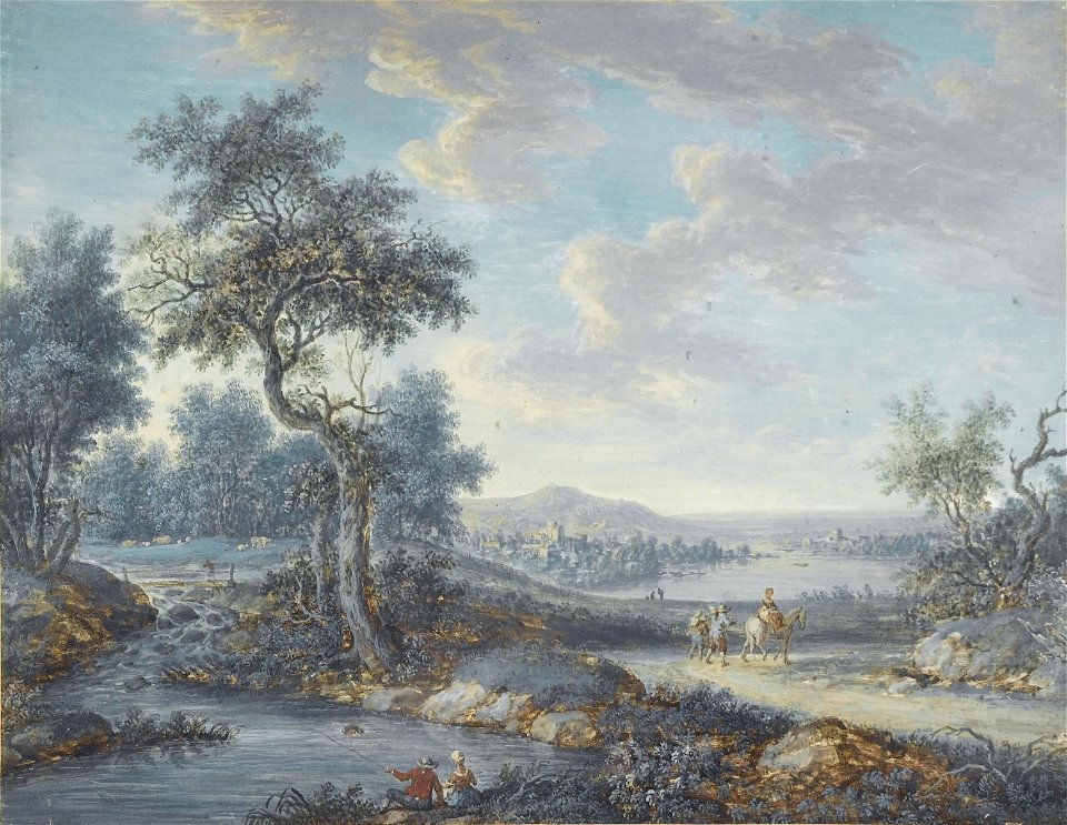 Christoph Ludwig Agricola (zugeschr.) - Eine Flusslandschaft mit Anglern und ein Dorf im Hintergrund
