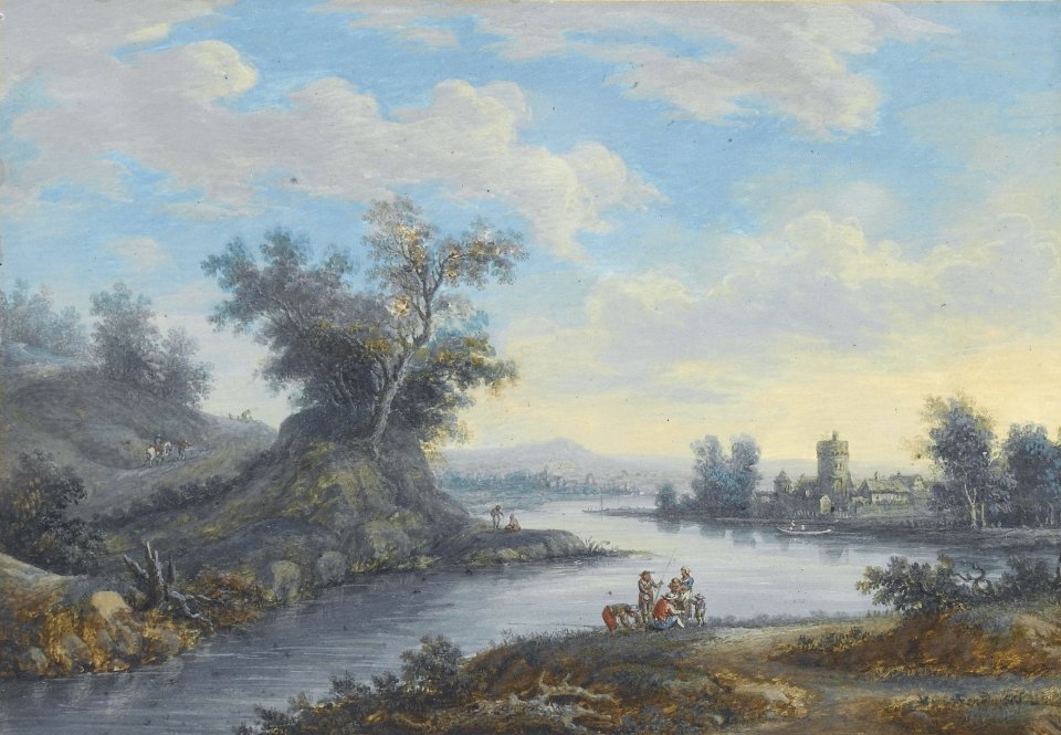 Christoph Ludwig Agricola (zugeschr.) - Eine felsige Flusslandschaft mit Reisenden auf einem Feldweg