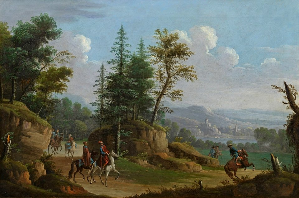 Christoph van Bemmel (attr) Berglandschaft mit Reitern und Jägern