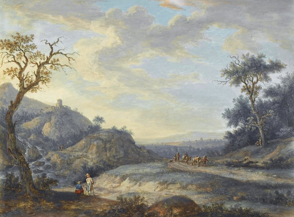 Christoph Ludwig Agricola (zugeschr.) - Eine felsige Flusslandschaft mit Reisenden auf einem Feldweg und Leute ruhend neben einem Wasserfall