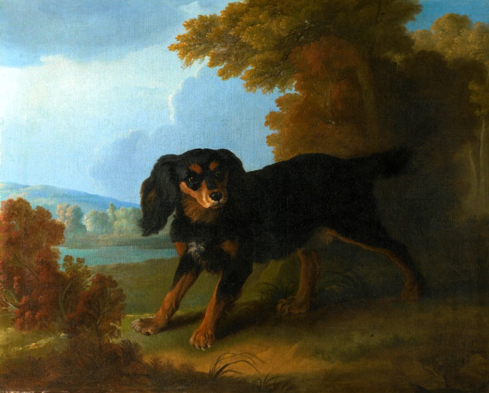 Christophe Huet Portrait of Mimi, Madame De Pompadour's King Charles Spaniel, In a Landscape