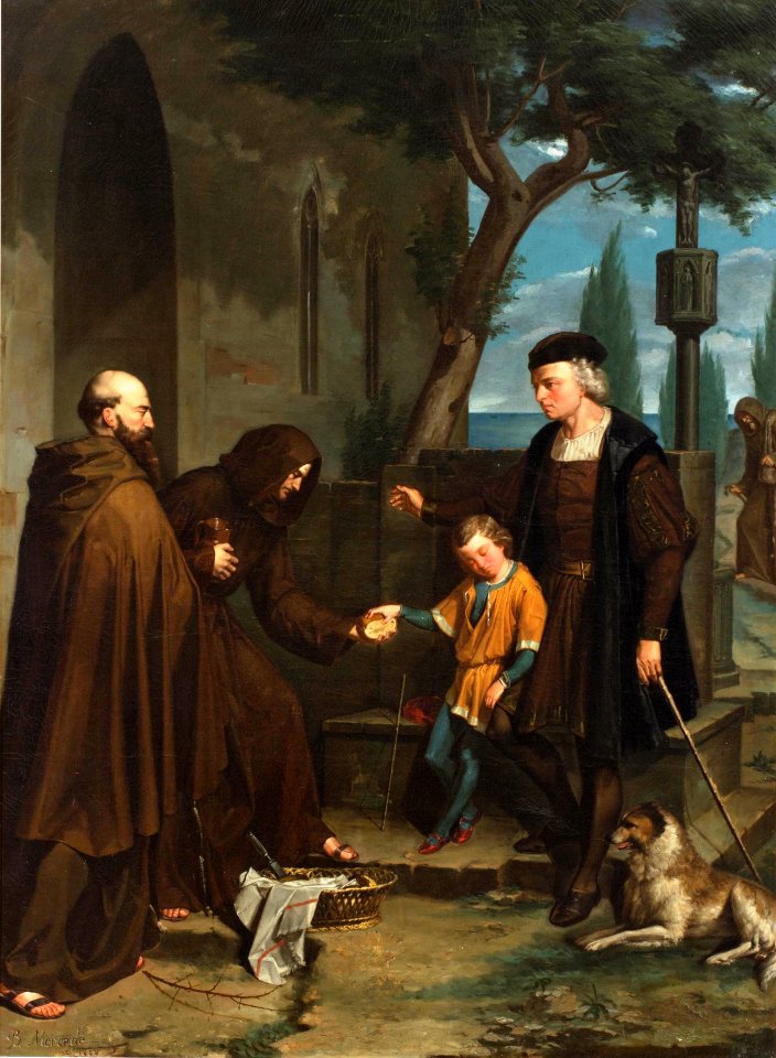 Christopher Columbus at the gates of the monastery of Santa Maria de la Rabida with his son Diego