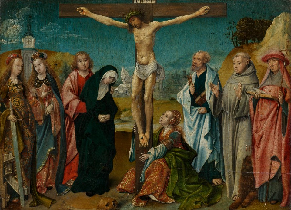 Christus aan het kruis met Maria, Johannes, Maria Magdalena en de heiligen Caecilia en Barbara (links) en Petrus, Franciscus en Hieronymus (rechts) Rijksmuseum SK-A-859