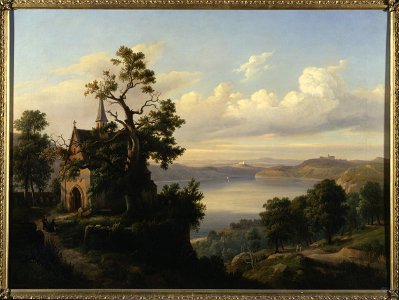 Chrystian Breslauer - Landscape with a lake and a Gothic church - MP 5268 - National Museum in Warsaw. Free illustration for personal and commercial use.