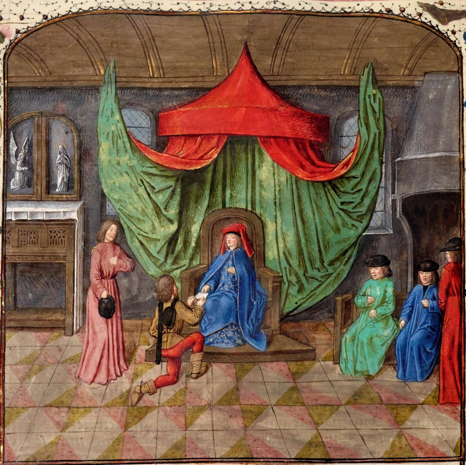 Chroniques d'Angleterre - BNF Fr82 f98r - annonce de la mort de Charles VI au dauphin Charles