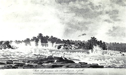 Chute du Juruenna dite Salto-Augusto. 1.me feuille. Mai, 1828. Hercule Florence, fecit. Nota. Derriere l'île, dans la direction ou volent des oiseaux, est l'autre partie de cette Chûte (...), do acervo do Instituto Hercule Florence