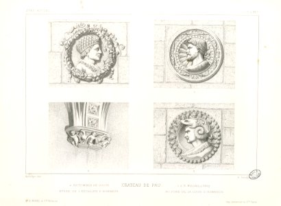 Château de Pau. Etat actuel. 1, 2, 3 - Médaillons, au fond de la cour d'honneur. 4 - Retombée de voûte, étage de l'escalier d'honneur - Fonds Ancely - B315556101 A LAFOLLYE 093