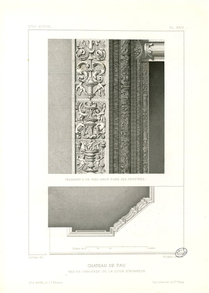 Château de Pau. Etat actuel. Fragment d'un pied-droit d'une des fenêtres. Rez-de-chaussée de la cour d'honneur - Fonds Ancely - B315556101 A LAFOLLYE 092