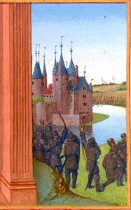 Château de Melun - Grandes Chroniques de France f019 (détail) - Jean Fouquet. Free illustration for personal and commercial use.