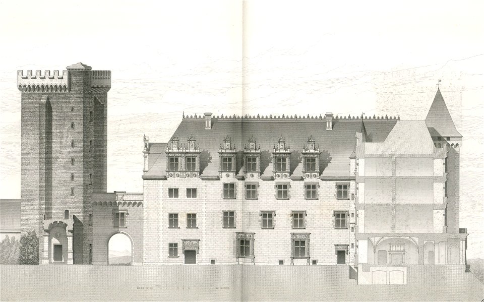 Château de Pau. Etat actuel. Façade du bâtiment du midi, sur la cour d'honneur (double page) - Fonds Ancely - B315556101 A LAFOLLYE 082