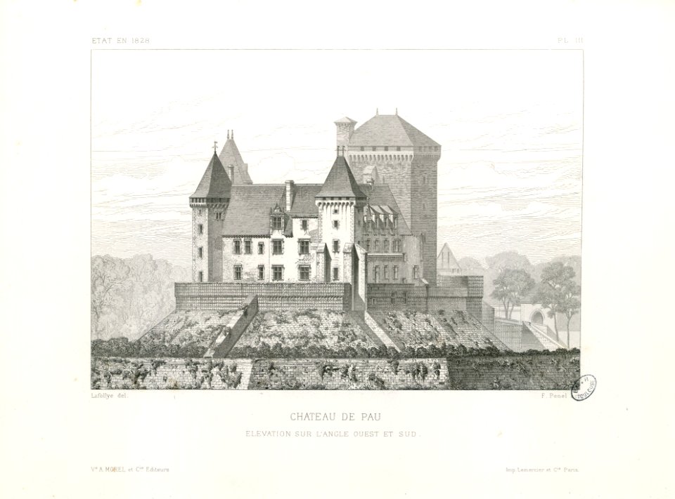Château de Pau. Etat en 1828. Elévation sur l'angle ouest et sud - Fonds Ancely - B315556101 A LAFOLLYE 074