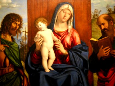 Cima da Canegliano, Madonna col bambino, Giovanni Battista e apostolo Paolo, Gallerie Accademia Venezia. Free illustration for personal and commercial use.