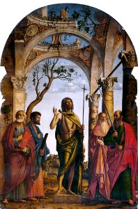 Cima da Conegliano - San Giovanni Battista tra i Santi Pietro, Marco, Girolamo e Paolo. Free illustration for personal and commercial use.