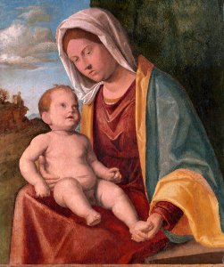 Cima da Conegliano - Virgin and Child before a Curtained Landscape - P16w1 - Isabella Stewart Gardner Museum. Free illustration for personal and commercial use.