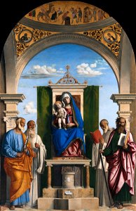 Cima da Conegliano - Enthroned Madonna with Child and SS Peter, Romualdus, Benedict and Paul - Google Art Project. Free illustration for personal and commercial use.