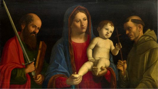 Cima da Conegliano, Madonna col Bambino tra i santi Paolo e Francesco. Free illustration for personal and commercial use.