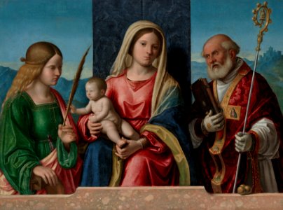 Cima da Conegliano, Madonna col Bambino tra i santi Caterina e Nicola. Free illustration for personal and commercial use.