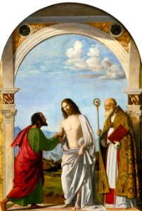 Cima da conegliano, incredulità di san tommaso col vescovo magno