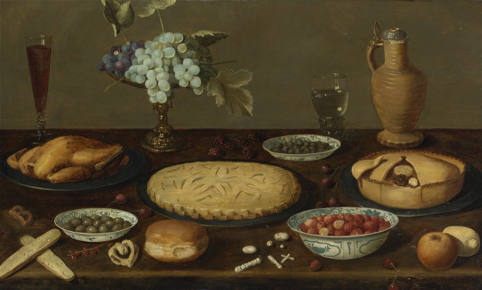 Circle of Jacob van Es Still Life with Meat Pies, a Roast Fowl, Olives, Capers and Strawberries