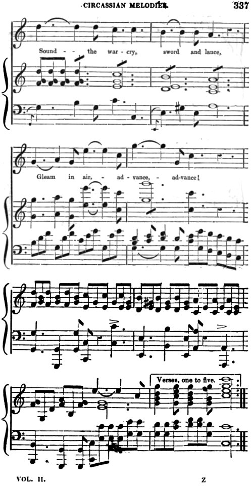 Cirrcassian Melodies. War Song. Edmund Spencer. Travels in Circassia, Krim-Tartary &c. 1838. P.337